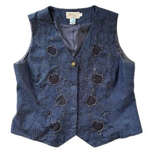 Vintage Y2K Denim Custom Pomegranate Cut Out Embroidered 90’s‎ Vest Size XL